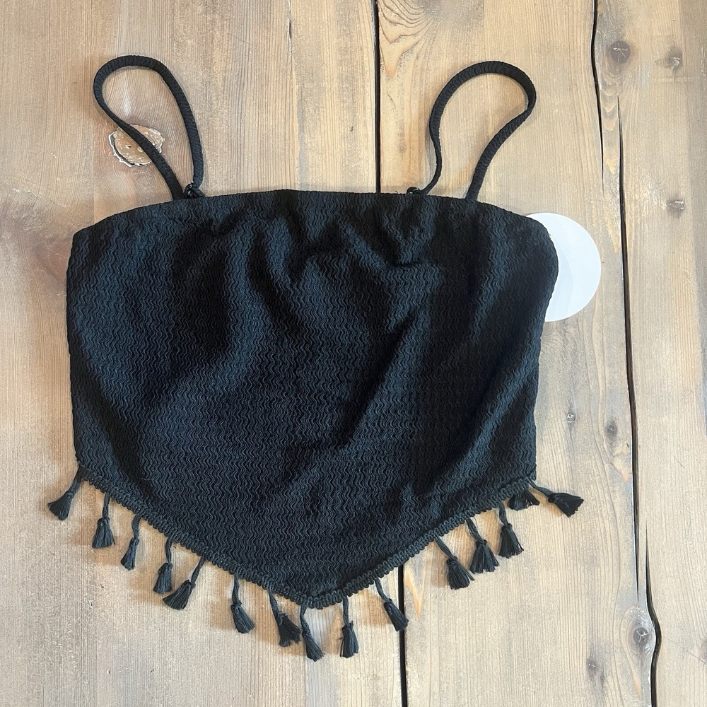 New SHEIN BLACK Tassel Crop Top Boho Beach Adjustable Spaghetti Strap Medium